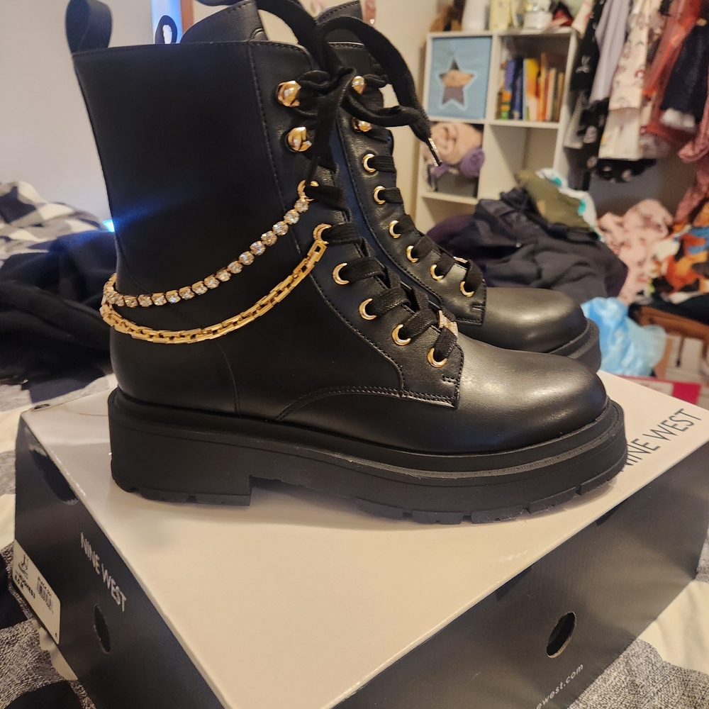 Nine West Black Combat Boots with Gold Chains